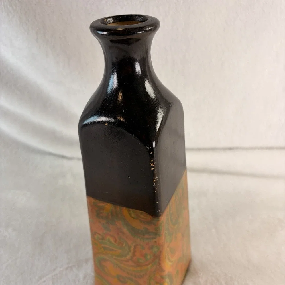 Vintage 00s Square Ceramic‎ Bottle Vase – Glossy Brown & Paisley Pattern EVC